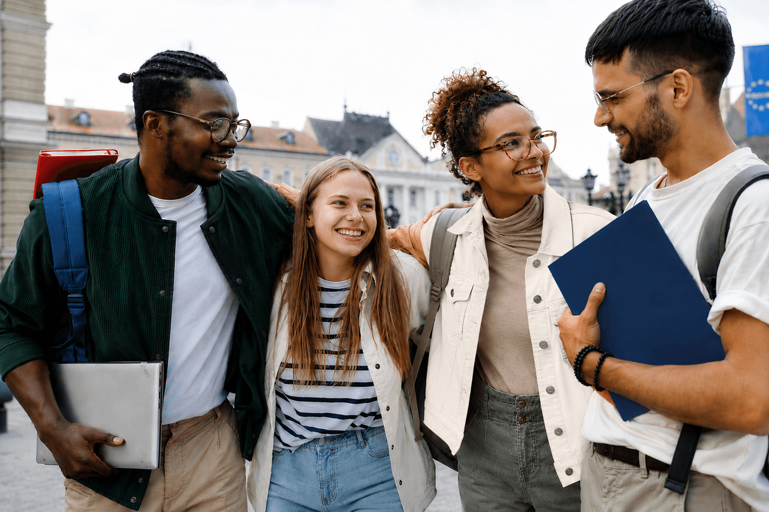 International students sitting together outdoors on a UK university campus.